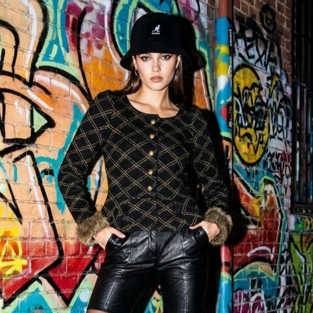 Vintage Betsey Johnson Black & Gold Fur-Cuffed Peplum Cardigan Sweater – Size M